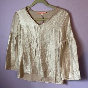 Vilagallo Shimmery Metallic‎ Gold Camel Cream Top Size 36 Boho Chic Medium New